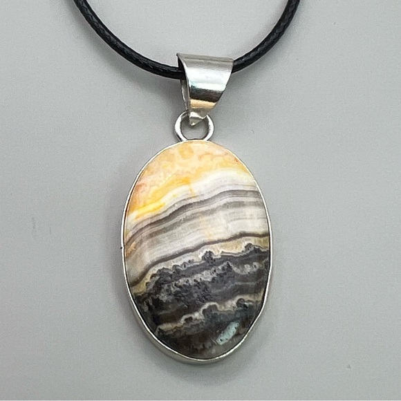 New Zebra Calcite Agate Stone Silver Overlay Pendant Necklace w Cord - Picture 8 of 8